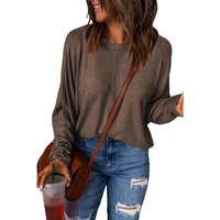 Brown Fiery Solid Color Patchwork Long Sleeve Top - L thumbnail