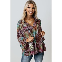 Azura Exchange Vibrant Floral Tie V Neck Puff Sleeve Blouse - M thumbnail