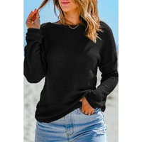 Black Waffle Knit Drop Shoulder Long Sleeve Top - 2XL thumbnail