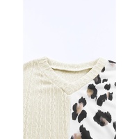 Beige Asymmetric Leopard Patchwork Wide Sleeve V Neck Sweater - M thumbnail