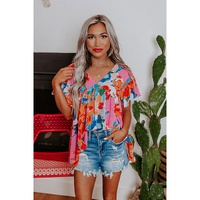 Azura Exchange Abstract Print V Neck Flutter Sleeve Blouse - M thumbnail