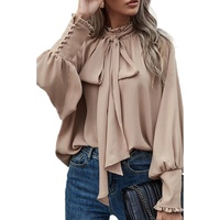 Azura Exchange Khaki Frilled Knotted Blouse with Bishop Sleeves - S thumbnail