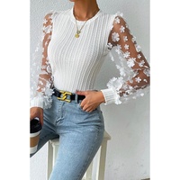 Azura Exchange Applique Mesh Sleeves Textured Knit Blouse - M thumbnail