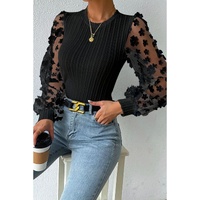 Azura Exchange Textured Knit Blouse with Floral Applique Mesh Sleeves - L thumbnail
