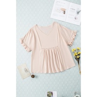 Azura Exchange Loose V Neck Top with Ruffled Lace Detail - S thumbnail