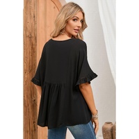 Azura Exchange Black Ruffled Lace Detail Loose V Neck Top - M thumbnail