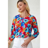 Azura Exchange V Neck 3/4 Sleeve Floral Print Blouse - XL thumbnail