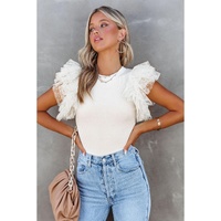 Azura Exchange Dotty Mesh Ruffle Sleeve Ribbed Knit Top - L thumbnail