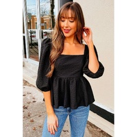 Azura Exchange Textured Square Neck Puff Sleeve Peplum Blouse - S thumbnail