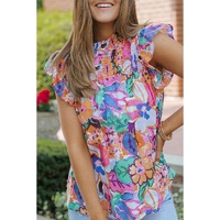 Azura Exchange Flutter Sleeves Smocked Neck Blouse with Floral Print - XL thumbnail