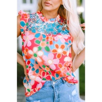 Pink Embroidered Detail Floral Print Ruffle Trim Tank Top - S thumbnail