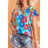 Azura Exchange Floral Print Drawstring V Neck Short Sleeve Blouse - M thumbnail