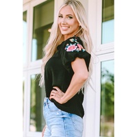 Azura Exchange Embroidered Bubble Sleeve Frill V Neck Top - M thumbnail