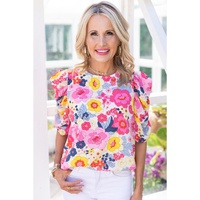 Azura Exchange Floral Ruched Puff Sleeve Blouse - S thumbnail