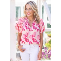 Azura Exchange Ruffled Floral Top with Split Neck and Puff Sleeves - M thumbnail