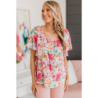 Azura Exchange Watercolor Floral Ruffle Sleeve Blouse - M thumbnail