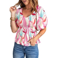 Azura Exchange Puff Sleeve Peplum Top with Abstract Print - M thumbnail