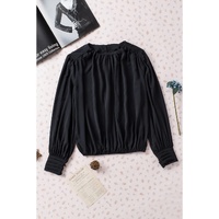Black Padded Shoulder Buttoned Cuffs Pleated Loose Blouse - L thumbnail