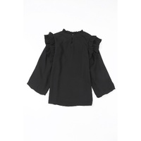 Black Button Keyhole Back Pleated Ruffle Trim Blouse - S thumbnail
