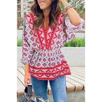 Red Geometric Print 3/4 Sleeve V-Neck Shirred Waist Flared Blouse - XL thumbnail