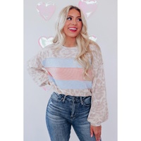 Azura Exchange Contrast Stripes Patchwork Puff Sleeve Knit Top - L thumbnail