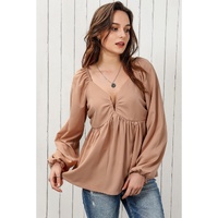 Azura Exchange Notched V-Neck Smocked Back Peplum Blouse - S thumbnail