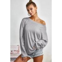 Azura Exchange Gray V Cut Drawstring Back Waffle Knit Top - XL thumbnail