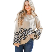 Khaki Leopard Patchwork Knitted Puff Sleeve Sweater - L thumbnail