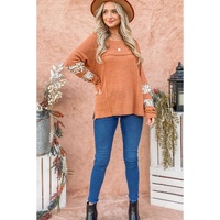 Apricot Leopard Splicing Exposed Seam Waffle Knit Top - M thumbnail