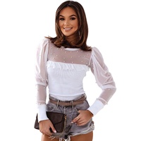 Azura Exchange Mesh Patchwork Ribbed Long Sleeve Top with Pearl Accents - L thumbnail