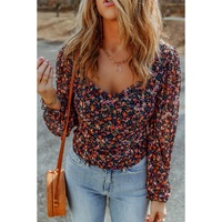 Azura Exchange V Neck Bubble Sleeve Floral Blouse - S thumbnail