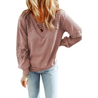 Pink Lace Waffle Patchwork Strappy V Neck Long Sleeve Top - M thumbnail