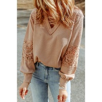 Azura Exchange Lace Waffle Patchwork Strappy V Neck Long Sleeve Top - S thumbnail