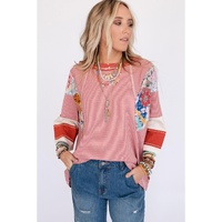 Red Pinstriped Color Block Patchwork Oversized Top - XL thumbnail