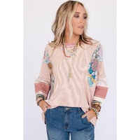 Pink Printed Pinstriped Color Block Patchwork Oversized Top - M thumbnail
