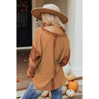 Azura Exchange Contrast Patched Waffle Knit Henley Top - S thumbnail