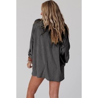 Dark Gray Ribbed Roll-tab Sleeve Chest Pocket Oversize Top - M thumbnail
