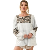 Azura Exchange Leopard Patch Puff Sleeve Textured Blouse - M thumbnail