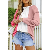 Pink Waffle Knit Exposed Seam Leopard Colorblock Print Top - M thumbnail