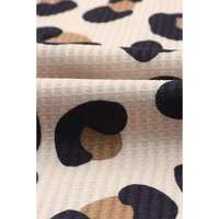 Brown Leopard Splicing Waffle Knit V Neck Top - M thumbnail