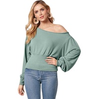 Green Off Shoulder Bishop Sleeve Cinched Waist Blouse - L thumbnail