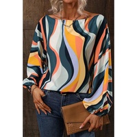 Azura Exchange Wavy Striped Boat Neck Puff Sleeve Blouse - M thumbnail