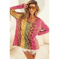 Azura Exchange Floral Leopard Mixed Print V Neck Long Sleeve Tee - M thumbnail