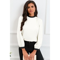 White Color Block Bow Back Mock Neck Blouse - 2XL thumbnail