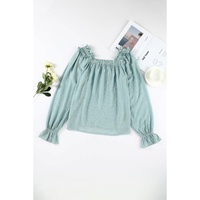 Green Ruffled Square Neck Cuffs Long Sleeve Blouse - M thumbnail
