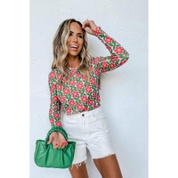 Azura Exchange Retro Floral Print Stretchy Long Sleeve Top - M thumbnail