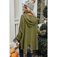 Green Flowy Plaid Accent Waffle Knit Henley Hoodie - L thumbnail