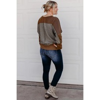 Brown Contrast Patchwork Thumbhole Sleeve Top - S thumbnail