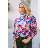 Blue Mock Neck Bubble Sleeve Floral Print Blouse - L thumbnail