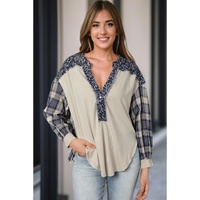Blue Floral Plaid Mixed Print Bishop Sleeve Patchwork Top - S thumbnail